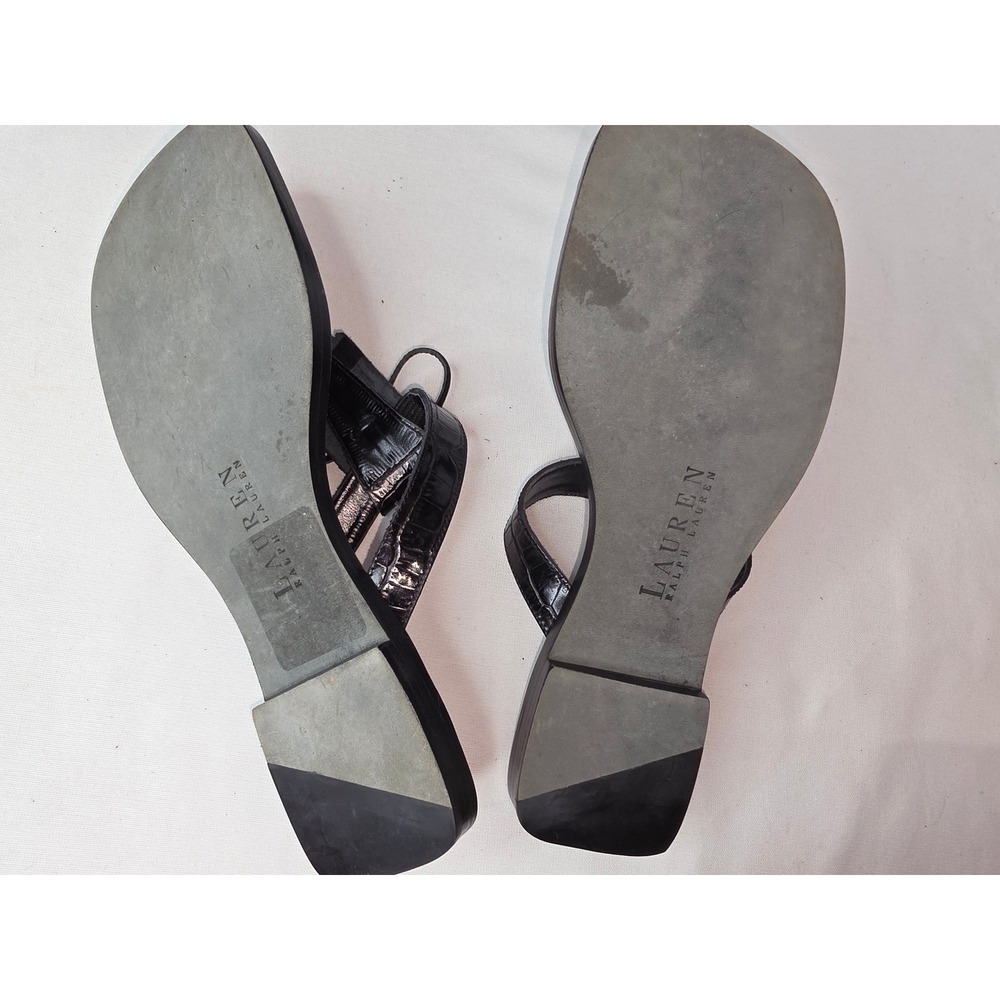 Lauren Ralph Lauren Black Croc Embossed Fringe Thong Sandals sz6.5 SquareToe 368 - Picture 7 of 8